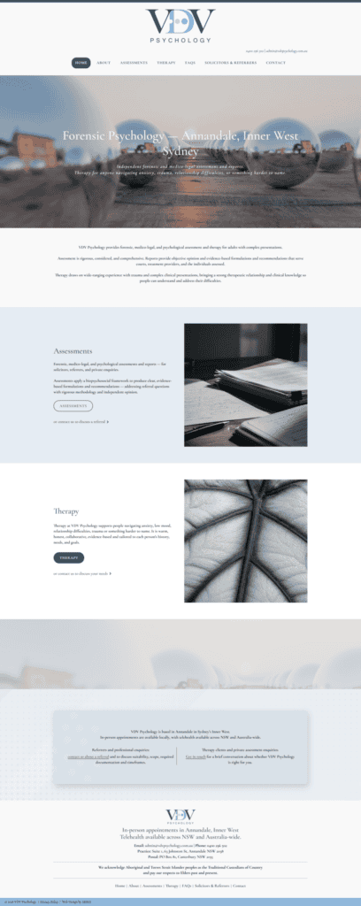 VDV Psychology website, designed by Small Business Web Designs